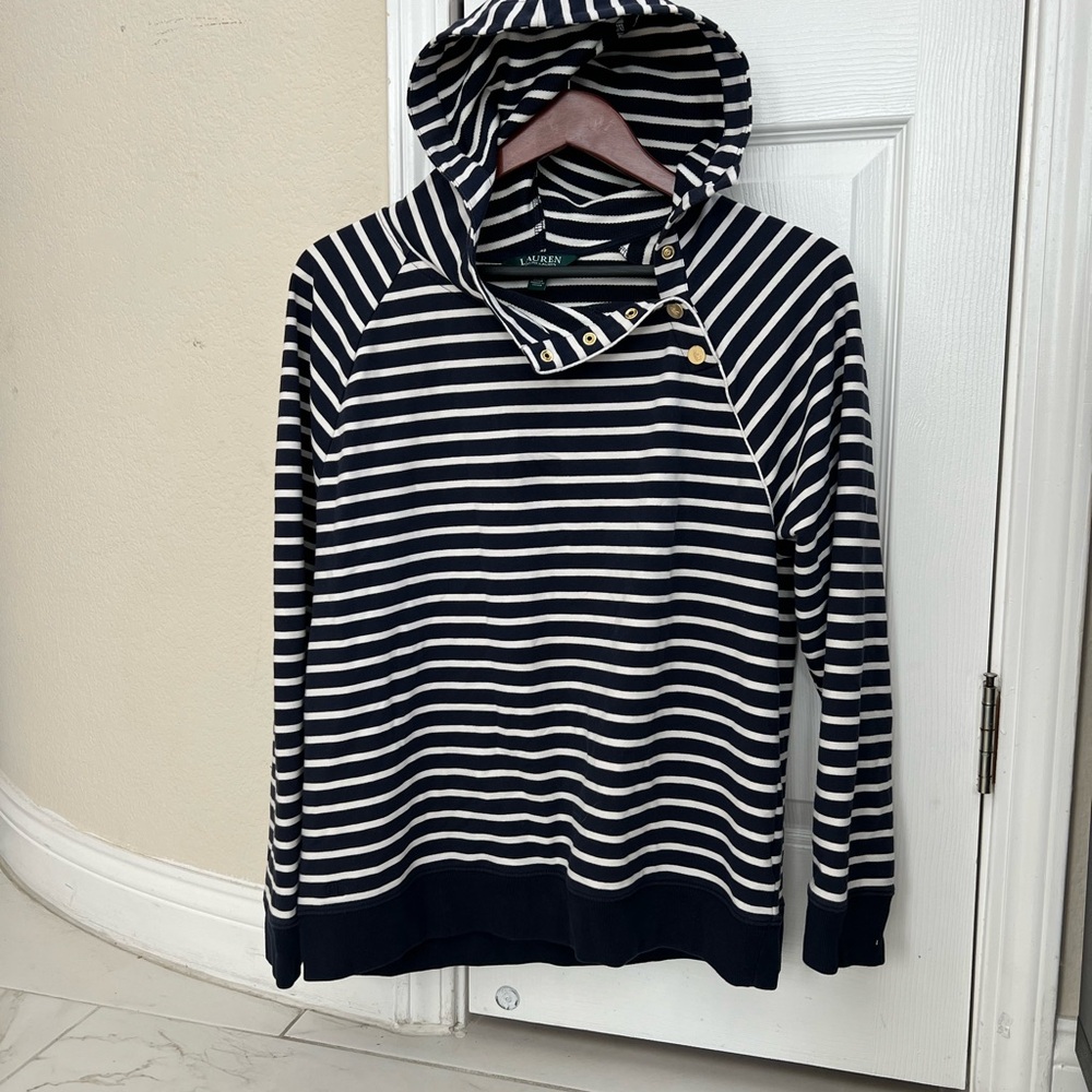 Lauren Ralph Lauren - Navy and White Striped Funnel Neck Hoodie